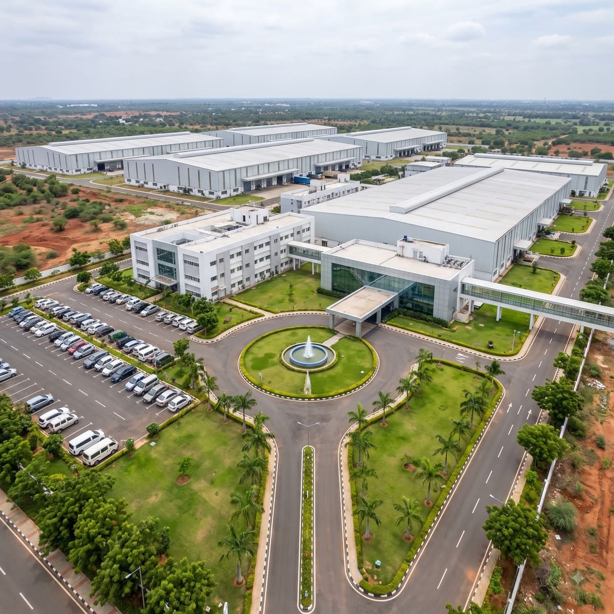 Illustrative aerial view of a modern industrial park campus
